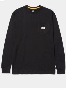 Caterpillar Black Long Sleeve Pocket Tee with Yellow Accent